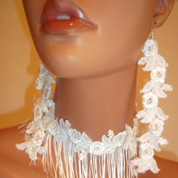 White Jewelry Set, White Lace Choker And Matching Lace Tassel Necklace - Picture 2 of 4